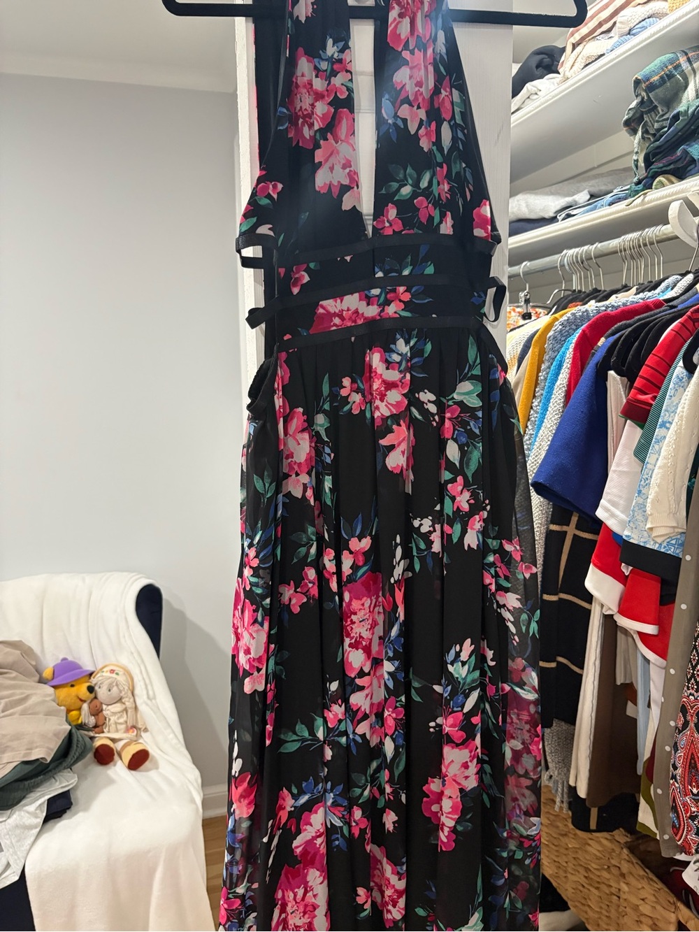 Express Black Maxi Dress with Pink Floral Print